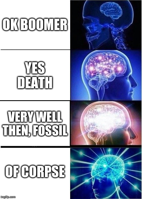 Expanding Brain | OK BOOMER; YES DEATH; VERY WELL THEN, FOSSIL; OF CORPSE | image tagged in memes,expanding brain | made w/ Imgflip meme maker