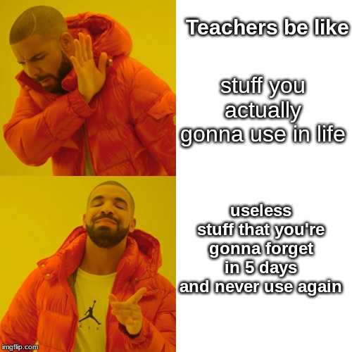 Drake Hotline Bling Meme | Teachers be like; stuff you actually gonna use in life; useless stuff that you're gonna forget in 5 days and never use again | image tagged in memes,drake hotline bling | made w/ Imgflip meme maker