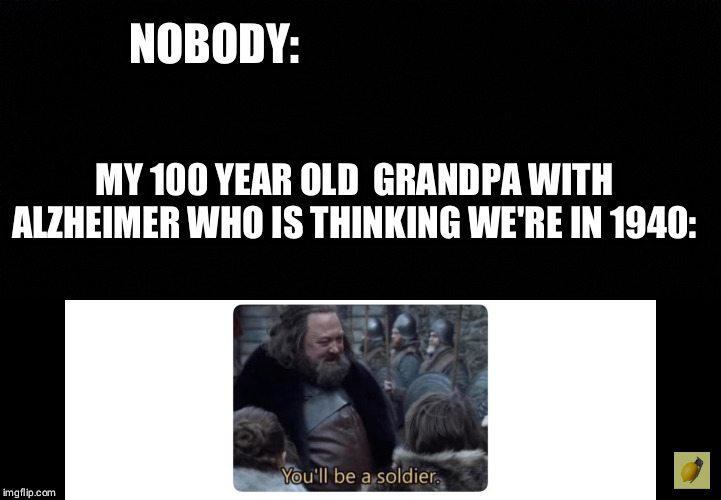 Good old grandpa | NOBODY:; MY 100 YEAR OLD  GRANDPA WITH ALZHEIMER WHO IS THINKING WE'RE IN 1940: | image tagged in memes,ww2 | made w/ Imgflip meme maker