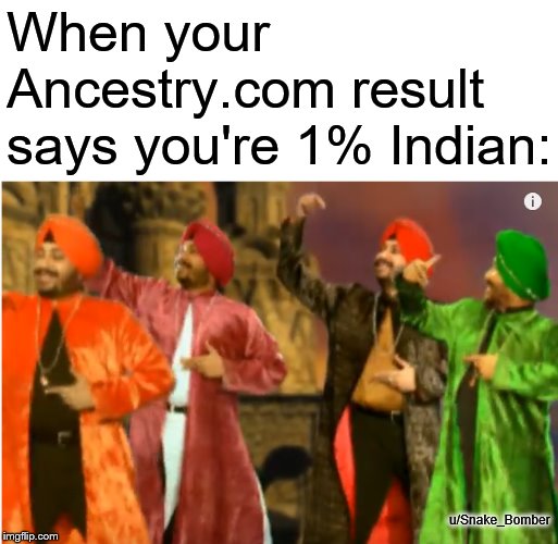 TUNAK TUNAK TUN | When your Ancestry.com result says you're 1% Indian:; u/Snake_Bomber | image tagged in funny memes,memes | made w/ Imgflip meme maker