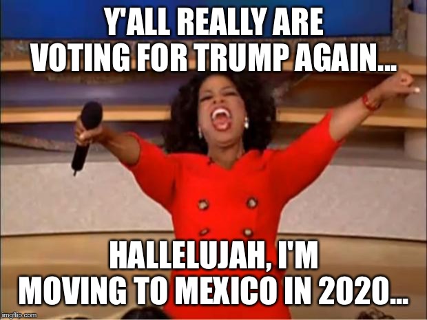 Oprah You Get A Meme | Y'ALL REALLY ARE VOTING FOR TRUMP AGAIN... HALLELUJAH, I'M MOVING TO MEXICO IN 2020... | image tagged in memes,oprah you get a | made w/ Imgflip meme maker