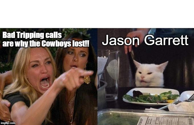 Women whining about Cowboys losing to the Patriots | Bad Tripping calls are why the Cowboys lost!! Jason Garrett | image tagged in memes,woman yelling at cat,dallas cowboys,new england patriots,jason garrett | made w/ Imgflip meme maker