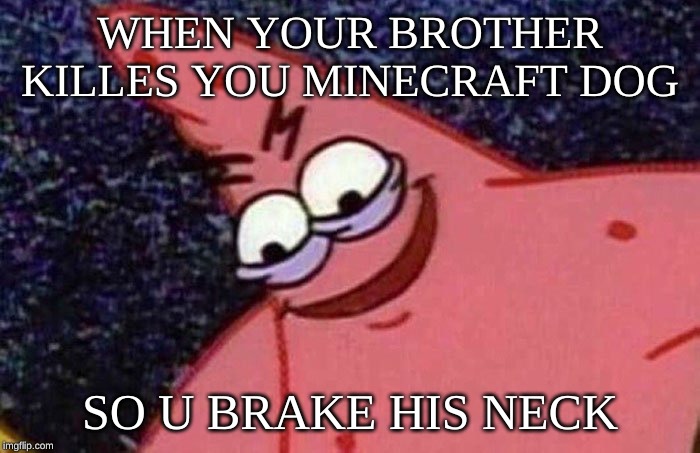 Evil Patrick  | WHEN YOUR BROTHER KILLES YOU MINECRAFT DOG; SO U BRAKE HIS NECK | image tagged in evil patrick | made w/ Imgflip meme maker