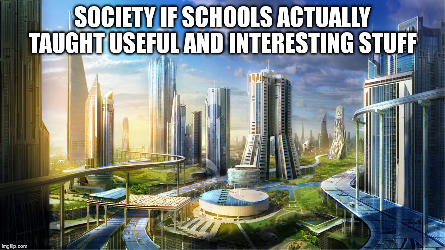 SOCIETY IF SCHOOLS ACTUALLY TAUGHT USEFUL AND INTERESTING STUFF | image tagged in futuristic city | made w/ Imgflip meme maker