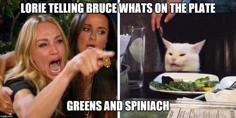 Smudge the cat | LORIE TELLING BRUCE WHATS ON THE PLATE; GREENS AND SPINIACH | image tagged in smudge the cat | made w/ Imgflip meme maker