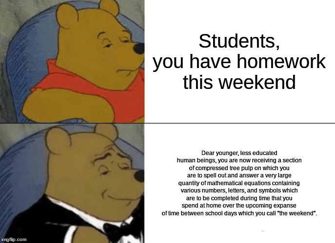 Tuxedo Winnie The Pooh Meme | Students, you have homework this weekend; Dear younger, less educated human beings, you are now receiving a section of compressed tree pulp on which you are to spell out and answer a very large quantity of mathematical equations containing various numbers, letters, and symbols which are to be completed during time that you spend at home over the upcoming expanse of time between school days which you call "the weekend". | image tagged in memes,tuxedo winnie the pooh | made w/ Imgflip meme maker