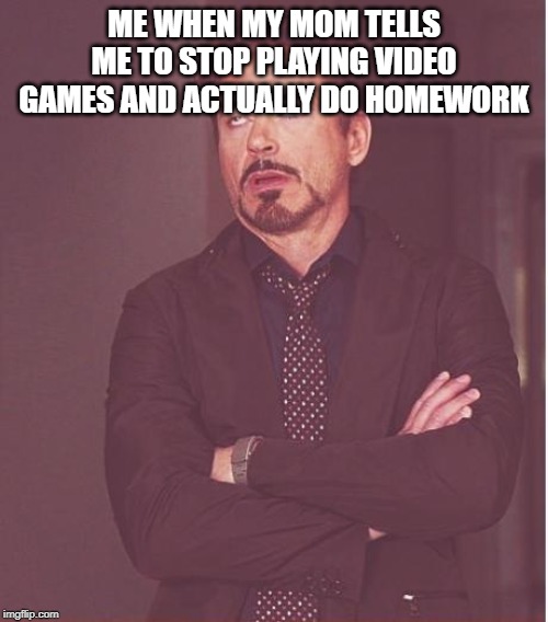 Face You Make Robert Downey Jr | ME WHEN MY MOM TELLS ME TO STOP PLAYING VIDEO GAMES AND ACTUALLY DO HOMEWORK | image tagged in memes,face you make robert downey jr | made w/ Imgflip meme maker