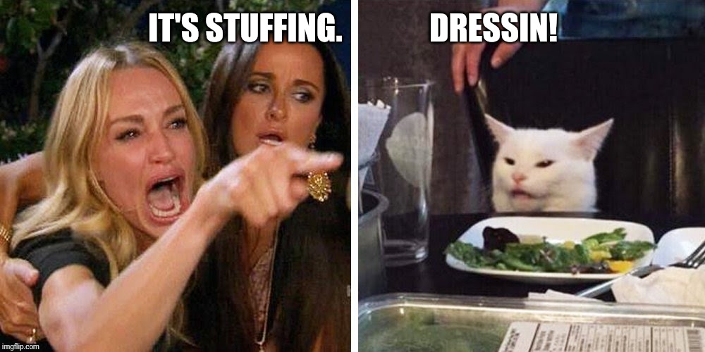 Smudge the cat | IT'S STUFFING.              DRESSIN! | image tagged in smudge the cat | made w/ Imgflip meme maker