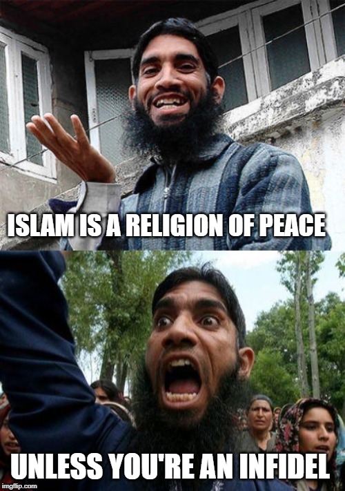 ISLAM IS A RELIGION OF PEACE; UNLESS YOU'RE AN INFIDEL | image tagged in islam,religion,muslim,muslims,peace | made w/ Imgflip meme maker