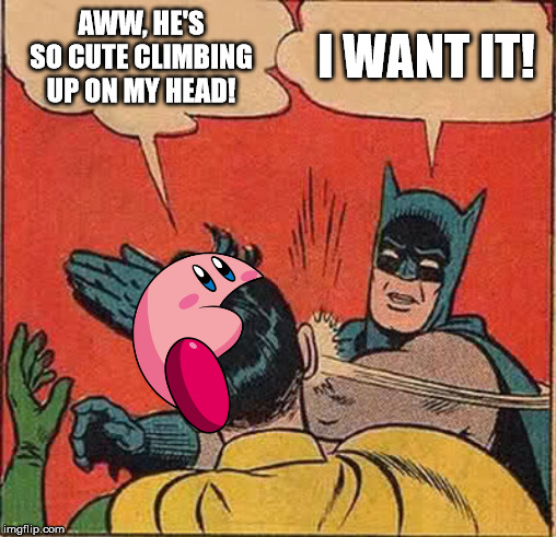 Unknowingly to Batman, this was a life saved, as Robin would've most likely been devoured by Kirby if he wasn't faster. | AWW, HE'S SO CUTE CLIMBING UP ON MY HEAD! I WANT IT! | image tagged in memes,batman slapping robin | made w/ Imgflip meme maker