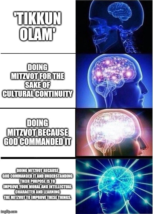 Expanding Brain Meme | 'TIKKUN OLAM'; DOING MITZVOT FOR THE SAKE OF CULTURAL CONTINUITY; DOING MITZVOT BECAUSE GOD COMMANDED IT; DOING MITZVOT BECAUSE GOD COMMANDED IT AND UNDERSTANDING THEIR PURPOSE IS TO IMPROVE YOUR MORAL AND INTELLECTUAL CHARACTER AND LEARNING THE MITZVOT TO IMPROVE THESE THINGS. | image tagged in memes,expanding brain | made w/ Imgflip meme maker