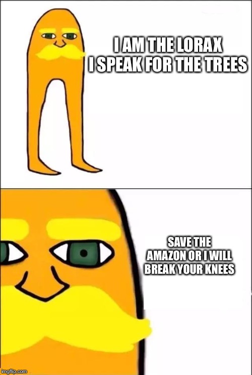 The Lorax | I AM THE LORAX I SPEAK FOR THE TREES; SAVE THE AMAZON OR I WILL BREAK YOUR KNEES | image tagged in the lorax | made w/ Imgflip meme maker