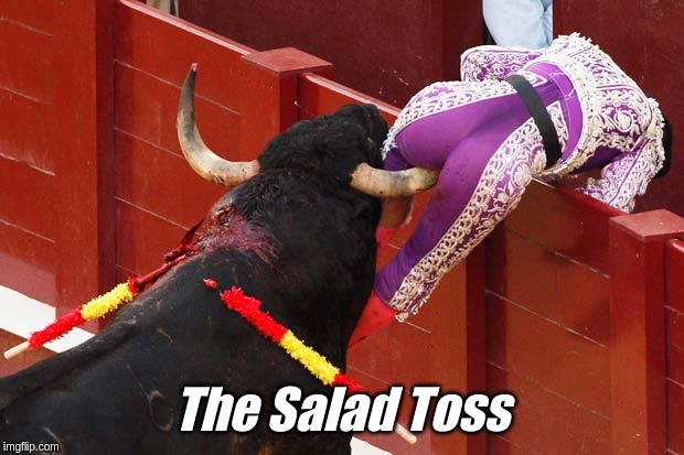 The Salad Toss | The Salad Toss | image tagged in bullfight,salad,toss,bull,tora | made w/ Imgflip meme maker
