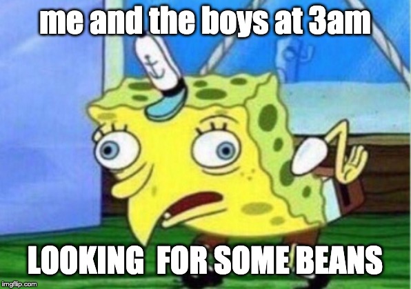 Mocking Spongebob Meme | me and the boys at 3am; LOOKING  FOR SOME BEANS | image tagged in memes,mocking spongebob | made w/ Imgflip meme maker