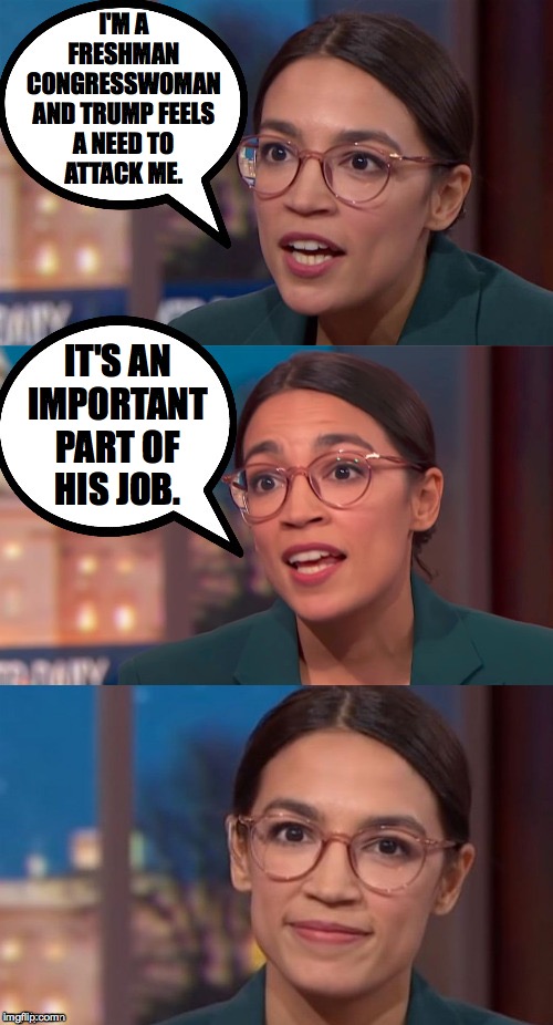 aoc dialog | I'M A
FRESHMAN
CONGRESSWOMAN
AND TRUMP FEELS
A NEED TO
ATTACK ME. IT'S AN
IMPORTANT
PART OF
HIS JOB. | image tagged in aoc dialog | made w/ Imgflip meme maker