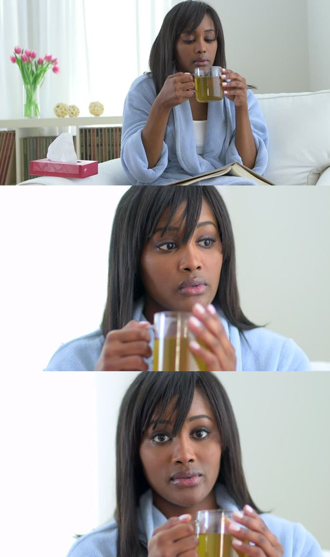 Black Woman Drinking Tea (3 Panels) Blank Meme Template