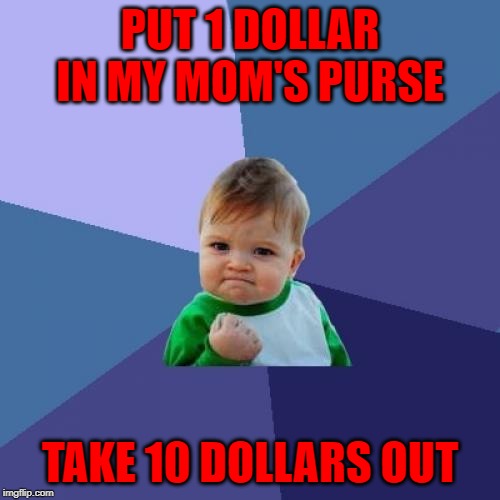 Success Kid Meme | PUT 1 DOLLAR IN MY MOM'S PURSE; TAKE 10 DOLLARS OUT | image tagged in memes,success kid | made w/ Imgflip meme maker