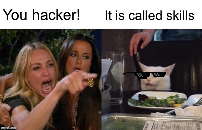 Woman Yelling At Cat Meme | You hacker! It is called skills | image tagged in memes,woman yelling at cat | made w/ Imgflip meme maker