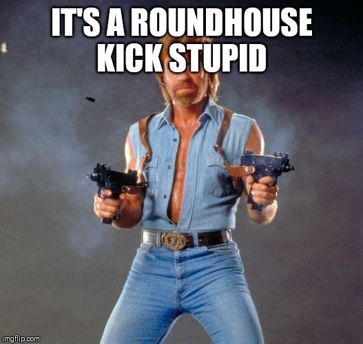 Chuck Norris Guns Meme | IT'S A ROUNDHOUSE KICK STUPID | image tagged in memes,chuck norris guns,chuck norris | made w/ Imgflip meme maker