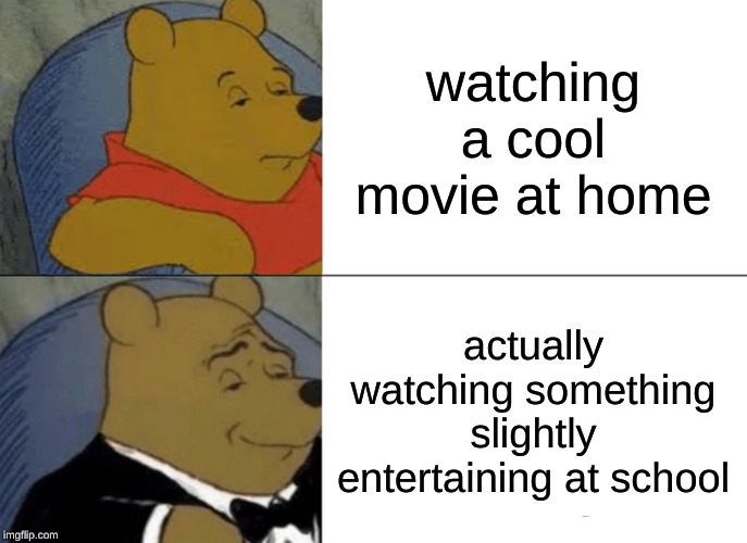 Tuxedo Winnie The Pooh Meme | watching a cool movie at home; actually watching something slightly entertaining at school | image tagged in memes,tuxedo winnie the pooh | made w/ Imgflip meme maker