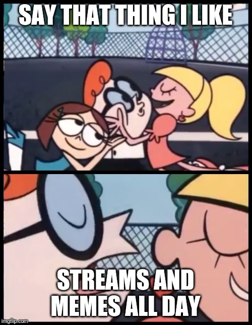 Say it Again, Dexter | SAY THAT THING I LIKE; STREAMS AND MEMES ALL DAY | image tagged in memes,say it again dexter | made w/ Imgflip meme maker