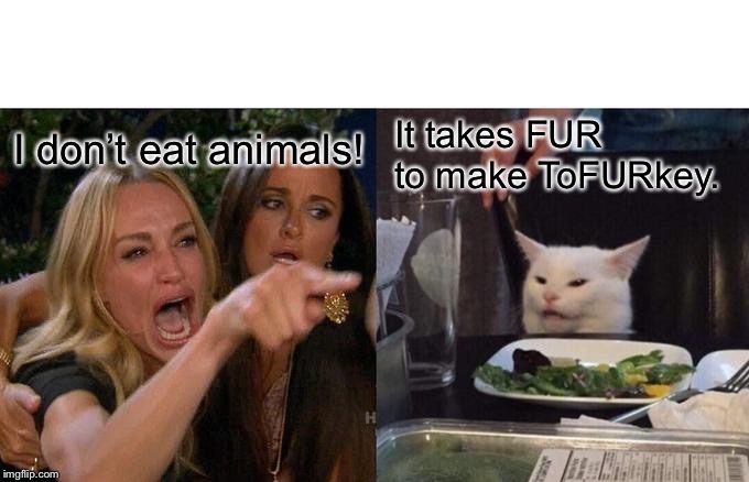 Woman Yelling At Cat | I don’t eat animals! It takes FUR to make ToFURkey. | image tagged in memes,woman yelling at cat | made w/ Imgflip meme maker