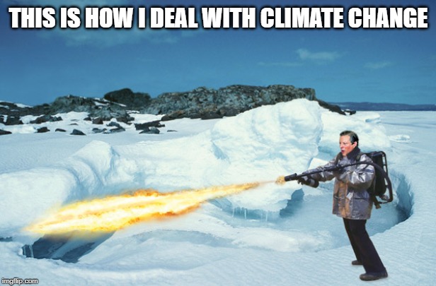 how I deal with climate change | THIS IS HOW I DEAL WITH CLIMATE CHANGE | image tagged in climate change,flamethrower,resist | made w/ Imgflip meme maker