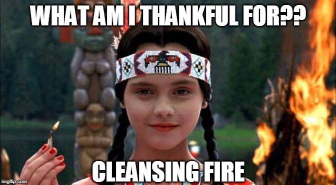  WHAT AM I THANKFUL FOR?? CLEANSING FIRE | image tagged in wednesday before thanksgiving | made w/ Imgflip meme maker