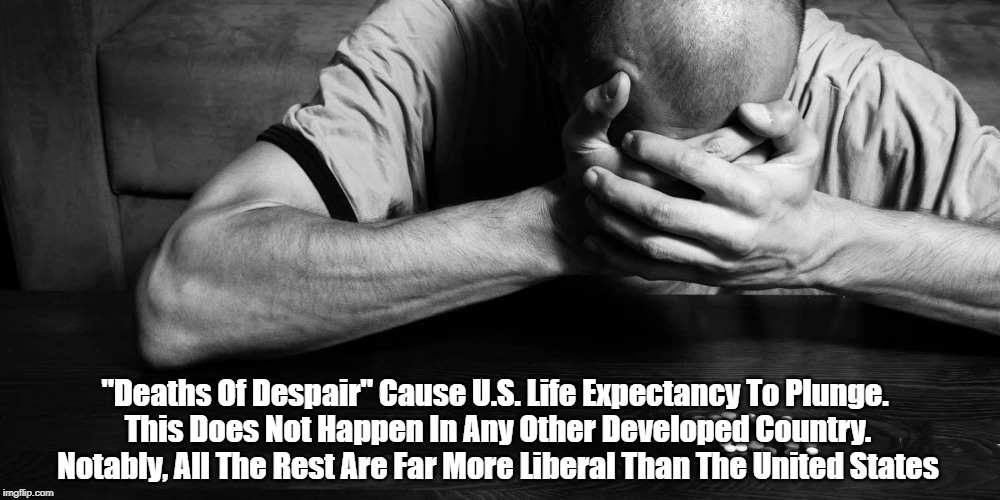 "Deaths Of Despair" Cause U.S. Life Expectancy To Plunge. 
This Does Not Happen In Any Other Developed Country. Notably, All The Rest Are Fa | made w/ Imgflip meme maker