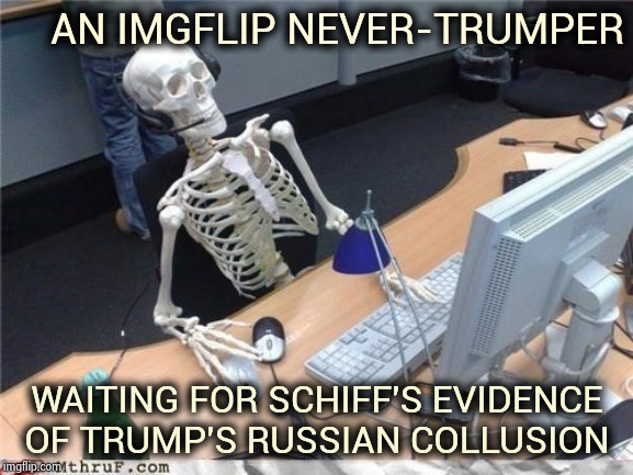 Now that's patience | AN IMGFLIP NEVER-TRUMPER; WAITING FOR SCHIFF'S EVIDENCE OF TRUMP'S RUSSIAN COLLUSION | image tagged in waiting skeleton,liar,adam schiff,wow look nothing,nothing burger,i was told there would be | made w/ Imgflip meme maker