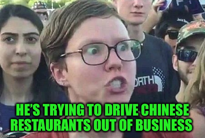 Triggered Liberal | HE’S TRYING TO DRIVE CHINESE RESTAURANTS OUT OF BUSINESS | image tagged in triggered liberal | made w/ Imgflip meme maker