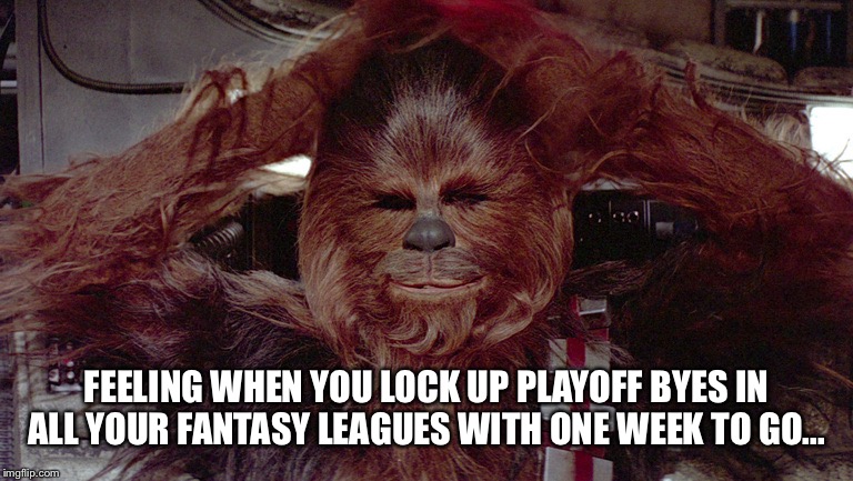 Chewbacca relaxed  | FEELING WHEN YOU LOCK UP PLAYOFF BYES IN ALL YOUR FANTASY LEAGUES WITH ONE WEEK TO GO... | image tagged in chewbacca relaxed | made w/ Imgflip meme maker