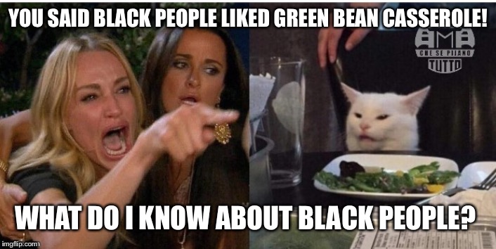 white cat table | YOU SAID BLACK PEOPLE LIKED GREEN BEAN CASSEROLE! WHAT DO I KNOW ABOUT BLACK PEOPLE? | image tagged in white cat table | made w/ Imgflip meme maker