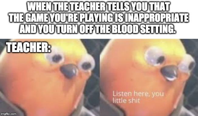 Teachers All the time | WHEN THE TEACHER TELLS YOU THAT THE GAME YOU'RE PLAYING IS INAPPROPRIATE AND YOU TURN OFF THE BLOOD SETTING. TEACHER: | image tagged in listen here you little shit bird | made w/ Imgflip meme maker