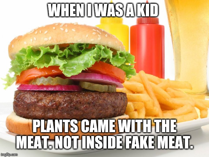 Say no to plant meatless burgers! | WHEN I WAS A KID; PLANTS CAME WITH THE MEAT. NOT INSIDE FAKE MEAT. | image tagged in hamburger | made w/ Imgflip meme maker