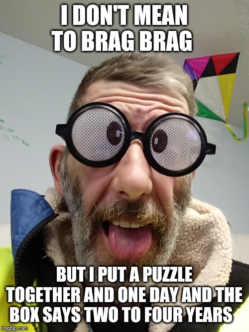 Funny quote Bert | I DON'T MEAN TO BRAG BRAG; BUT I PUT A PUZZLE TOGETHER AND ONE DAY AND THE BOX SAYS TWO TO FOUR YEARS | image tagged in funny quote bert | made w/ Imgflip meme maker