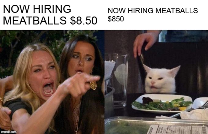 Woman Yelling At Cat Meme | NOW HIRING
MEATBALLS $8.50 NOW HIRING MEATBALLS
$850 | image tagged in memes,woman yelling at cat | made w/ Imgflip meme maker