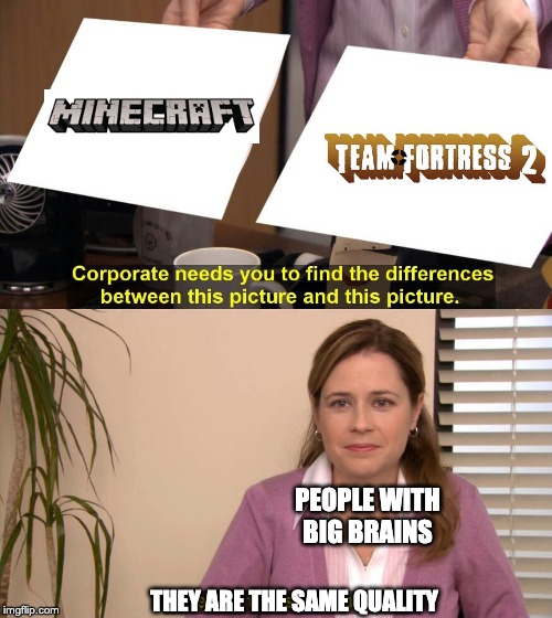 tf2 and minecraft | PEOPLE WITH BIG BRAINS; THEY ARE THE SAME QUALITY | image tagged in spot the difference,tf2,minecraft,memes,fun | made w/ Imgflip meme maker