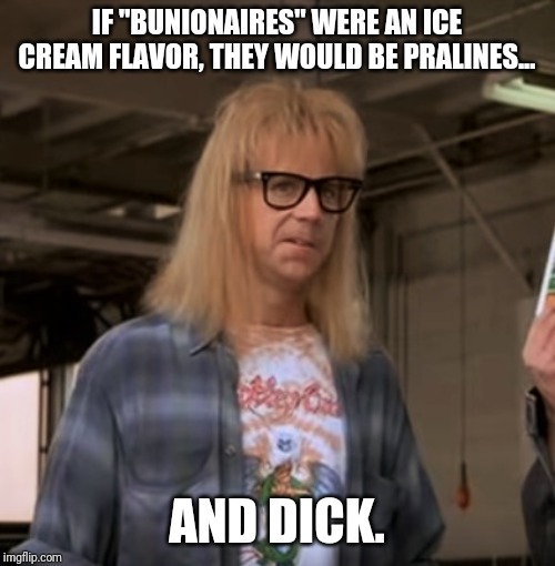 Garth | IF "BUNIONAIRES" WERE AN ICE CREAM FLAVOR, THEY WOULD BE PRALINES... AND DICK. | image tagged in garth | made w/ Imgflip meme maker