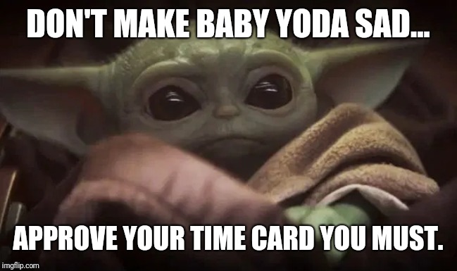 Baby Yoda | DON'T MAKE BABY YODA SAD... APPROVE YOUR TIME CARD YOU MUST. | image tagged in baby yoda | made w/ Imgflip meme maker