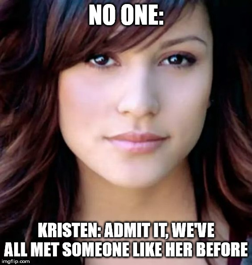 Kristen Meme | NO ONE:; KRISTEN: ADMIT IT, WE'VE ALL MET SOMEONE LIKE HER BEFORE | image tagged in we've all met a person like that meme,kristen,across the portal,dit | made w/ Imgflip meme maker