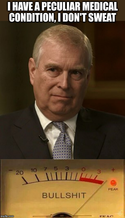 Prince Andrew's Medical Condition | I HAVE A PECULIAR MEDICAL CONDITION, I DON'T SWEAT | image tagged in bullshit meter,prince andrew,medical condition,political meme,sweat | made w/ Imgflip meme maker