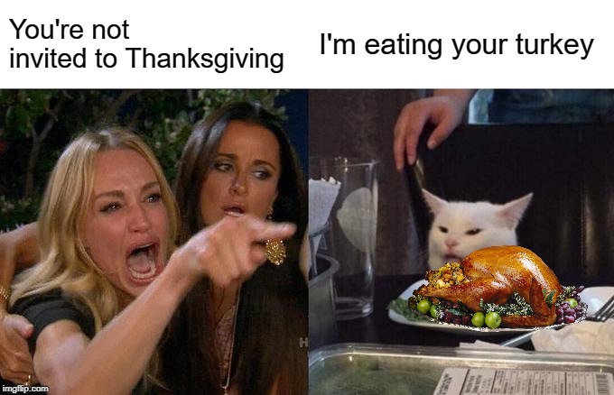Who needs ya when I've got the main course | You're not invited to Thanksgiving; I'm eating your turkey | image tagged in memes,woman yelling at cat,thanksgiving,turkey | made w/ Imgflip meme maker