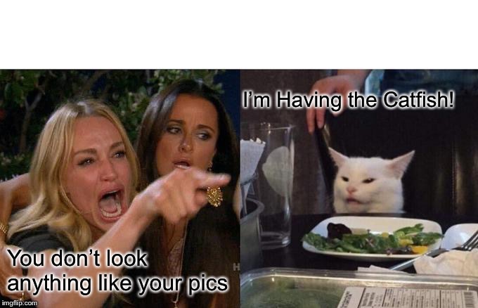 Woman Yelling At Cat | I’m Having the Catfish! You don’t look anything like your pics | image tagged in memes,woman yelling at cat | made w/ Imgflip meme maker