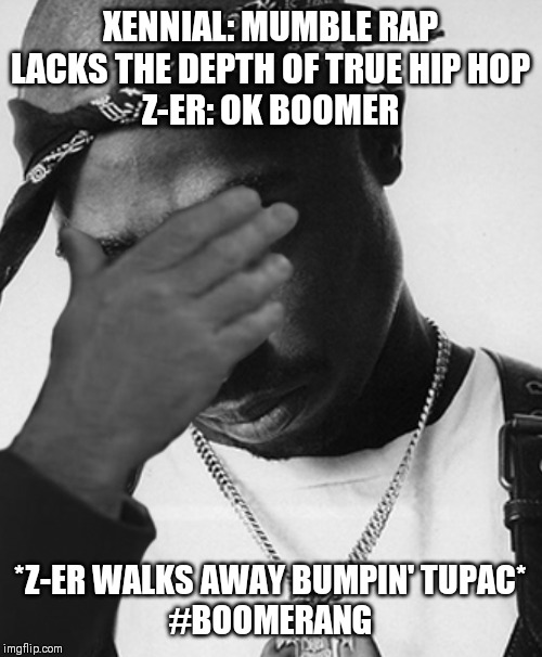 HipHop Boomerang | XENNIAL: MUMBLE RAP LACKS THE DEPTH OF TRUE HIP HOP
Z-ER: OK BOOMER; *Z-ER WALKS AWAY BUMPIN' TUPAC*
#BOOMERANG | image tagged in boomerang,facepalm | made w/ Imgflip meme maker