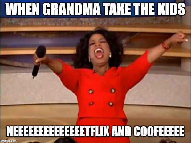 Oprah You Get A Meme | WHEN GRANDMA TAKE THE KIDS; NEEEEEEEEEEEEEETFLIX AND COOFEEEEE | image tagged in memes,oprah you get a | made w/ Imgflip meme maker