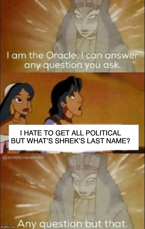 I can answer any question you ask | I HATE TO GET ALL POLITICAL BUT WHAT’S SHREK’S LAST NAME? | image tagged in i can answer any question you ask | made w/ Imgflip meme maker