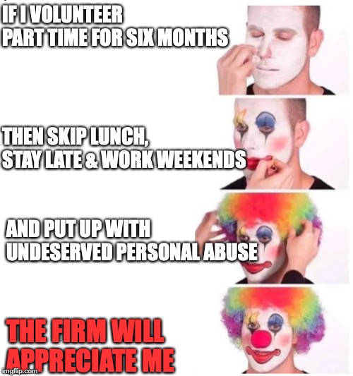 clown makeup | IF I VOLUNTEER PART TIME FOR SIX MONTHS; THEN SKIP LUNCH, STAY LATE & WORK WEEKENDS; AND PUT UP WITH UNDESERVED PERSONAL ABUSE; THE FIRM WILL 
APPRECIATE ME | image tagged in clown makeup | made w/ Imgflip meme maker