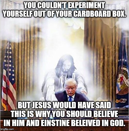 Jesus Trump | YOU COULDN'T EXPERIMENT YOURSELF OUT OF YOUR CARDBOARD BOX. BUT JESUS WOULD HAVE SAID THIS IS WHY YOU SHOULD BELIEVE IN HIM AND EINSTINE BEL | image tagged in jesus trump | made w/ Imgflip meme maker