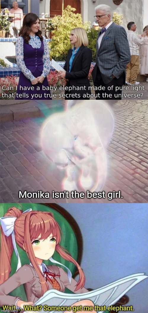 I'd put this in the DDLC stream but... It belongs here. But.... We're gonna need a crossover stream. | Monika isn't the best girl. Wait.... What? Someone get me that elephant. | image tagged in newspaper monika,white elaphant,crossover | made w/ Imgflip meme maker